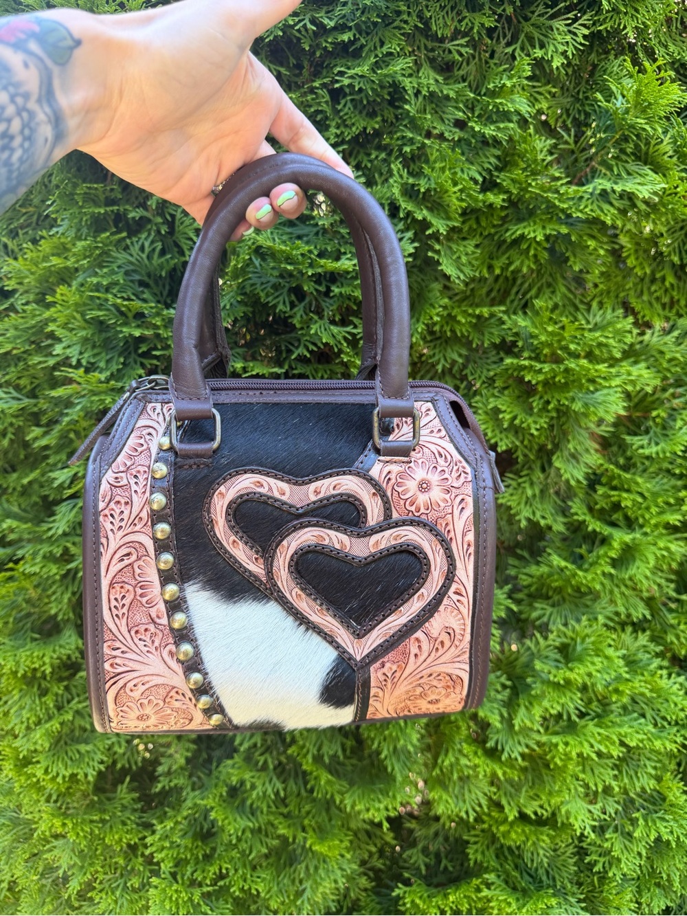 Tan Tooled Leather & Cowhide Heart Bag